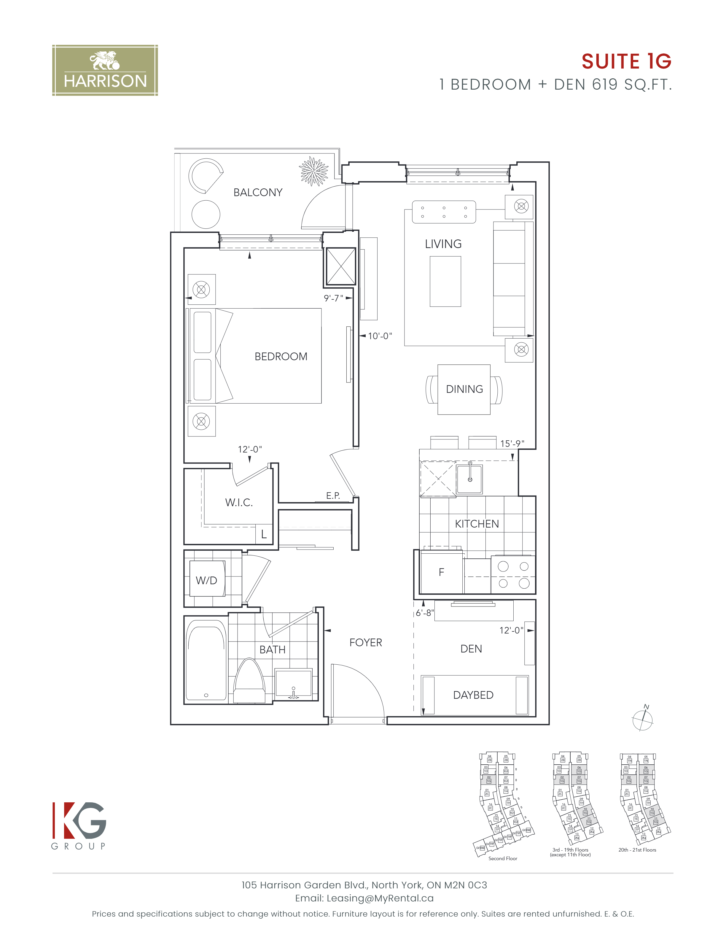 Floor plan for 1 bed, 1 bath, 619 sqft